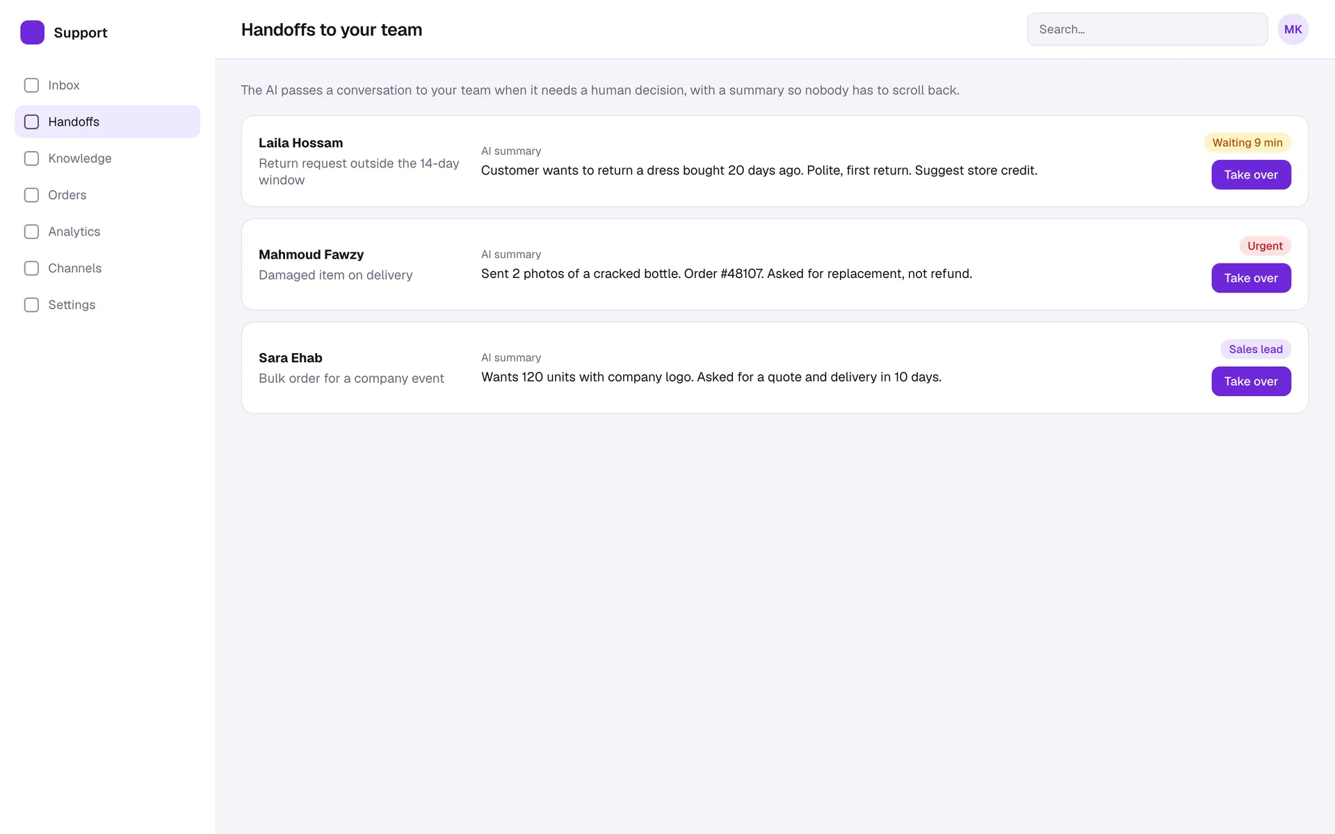 AI Customer Service Team handoffs screen: Conversations that need a human, each with an AI summary and a one-click takeover.