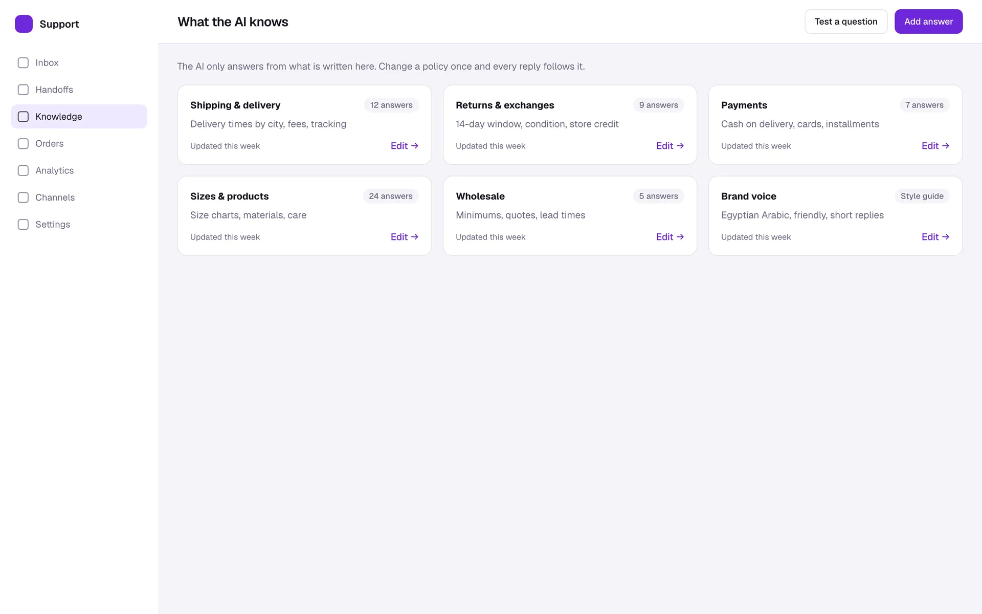 AI Customer Service Team knowledge base screen: The policies the AI answers from. Change one once and every reply follows it.