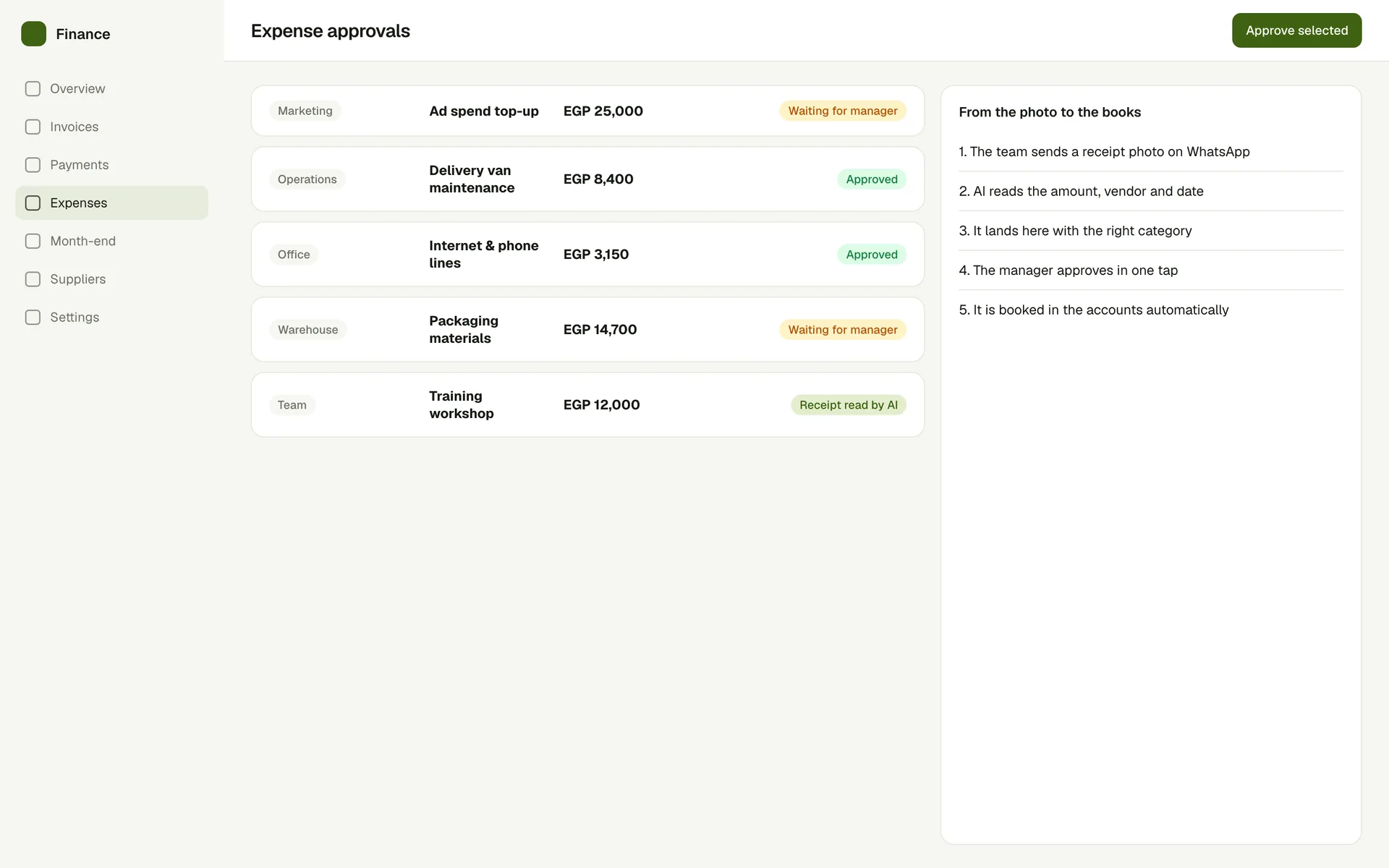 Finance Back Office expense approvals screen: Receipts read by AI from a photo, waiting for one-tap approval.