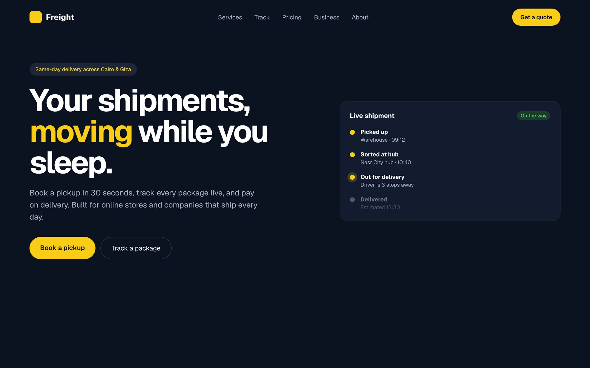 Shipping Company Website homepage screen: A website where customers book a pickup, get a price and track their package live.