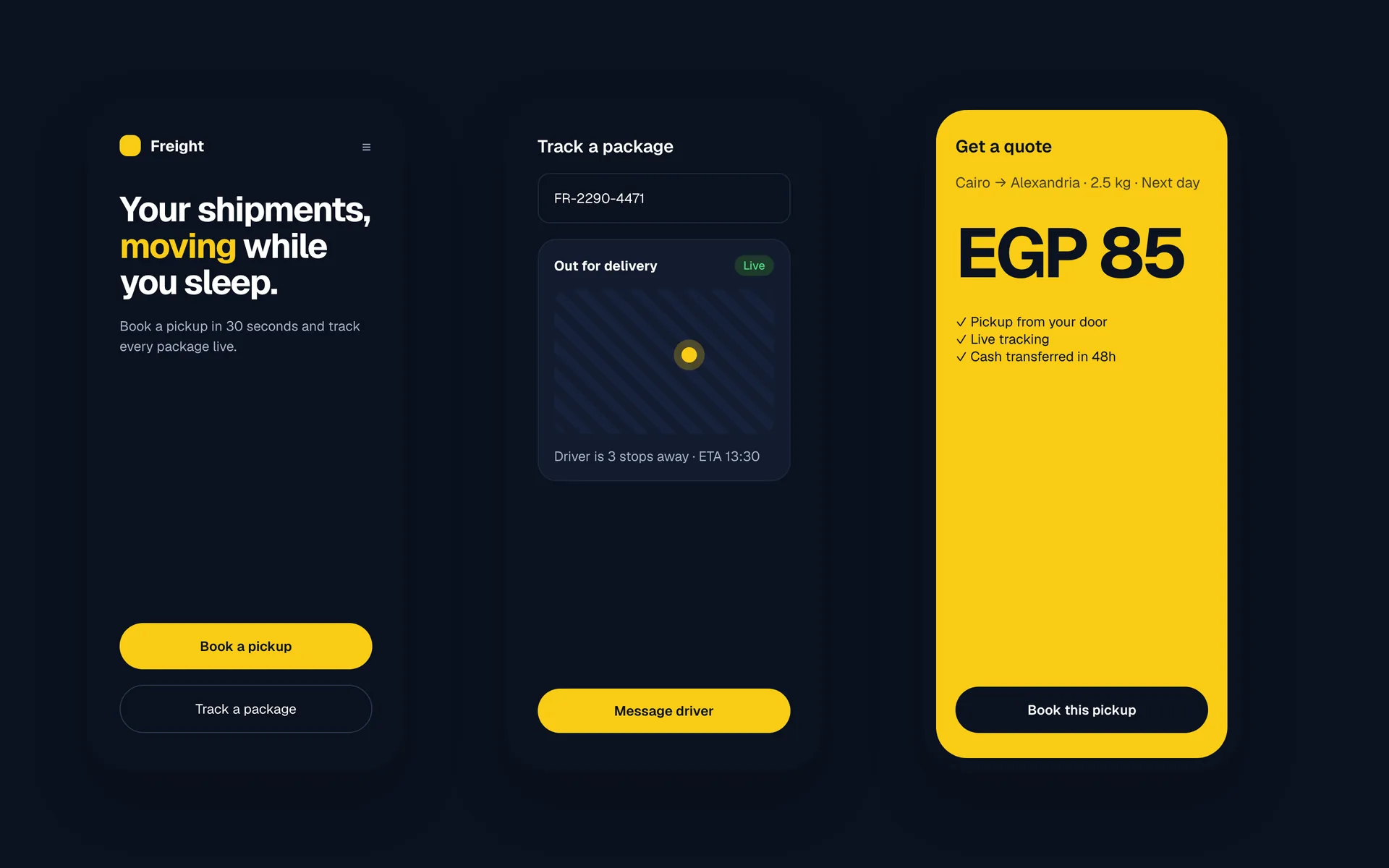 Shipping Company Website on the phone screen: Booking, tracking and quotes designed for the phone first.