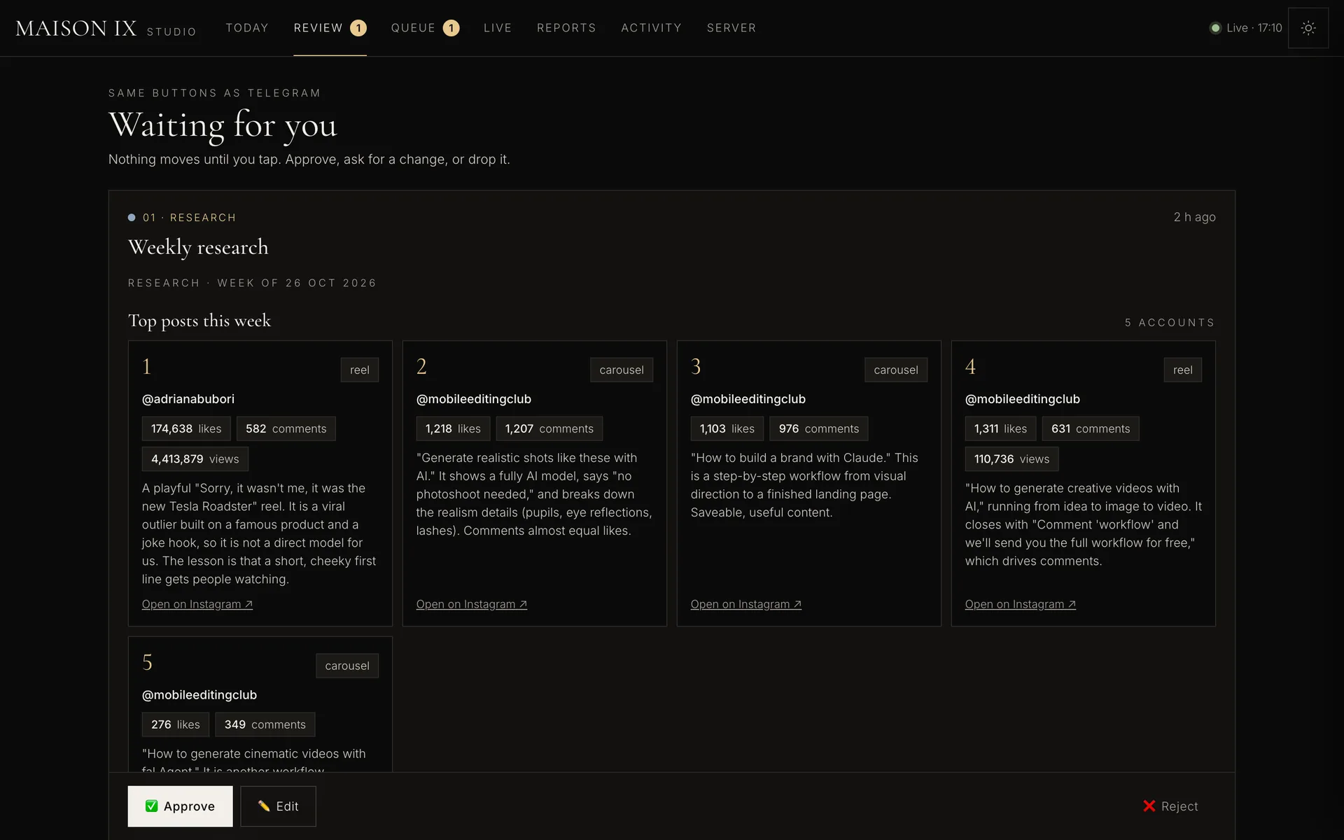 MAISON IX Content System research for approval screen: The week's top competitor posts, the patterns behind them and ideas for MAISON IX, approved before any idea is written.