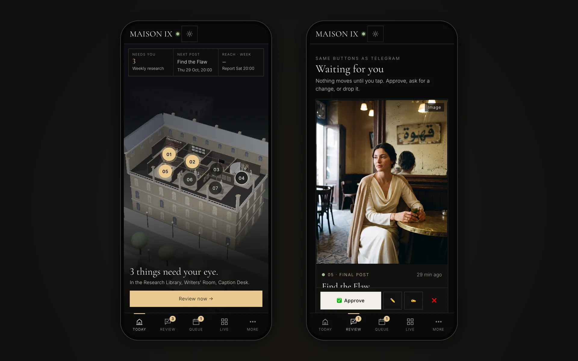 MAISON IX Content System on the phone screen: The same studio on a phone: the rooms that need the team, and one tap to approve.