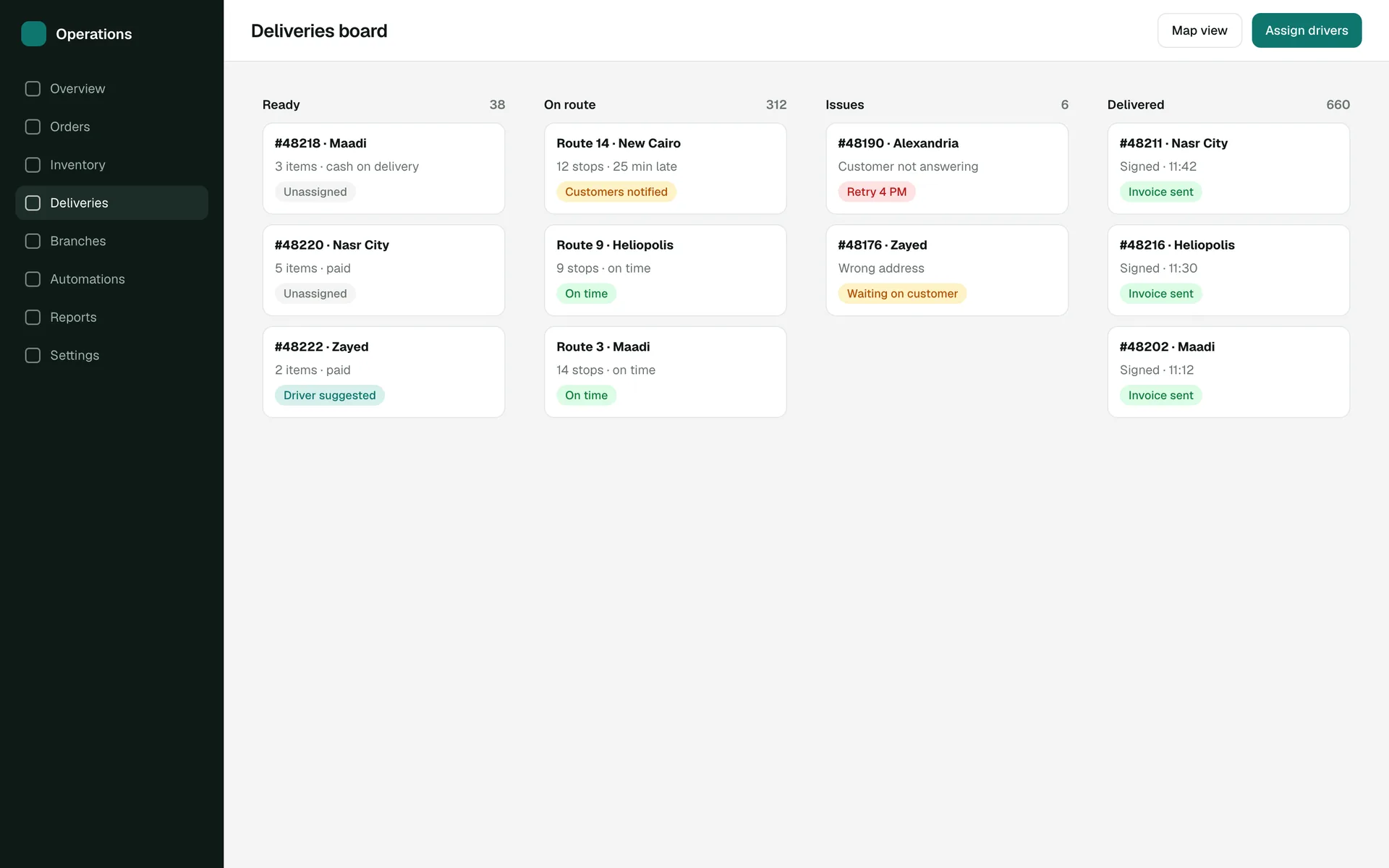 Operations Command Center deliveries board screen: Routes, issues and deliveries at a glance, with customers notified when a route runs late.