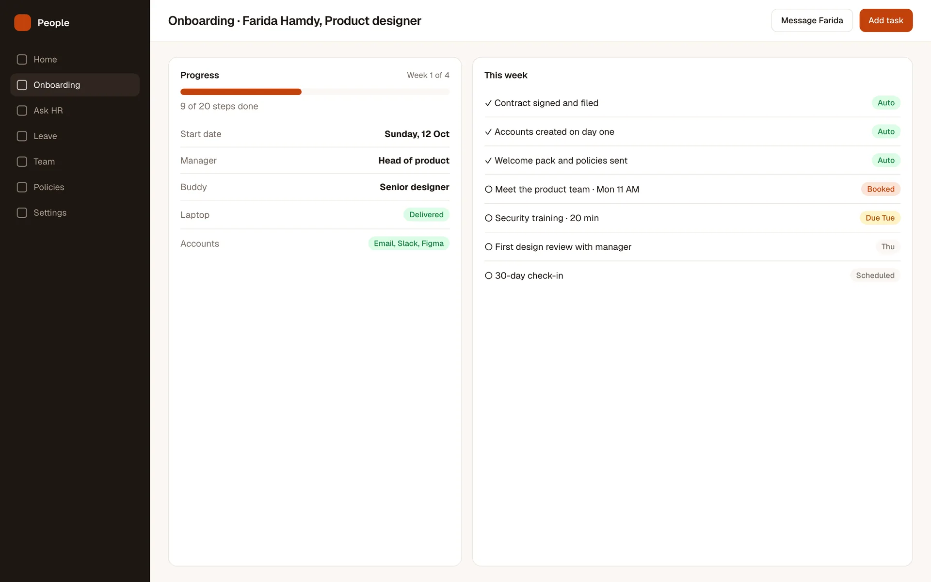 People Hub onboarding screen: Onboarding that runs itself, and an AI assistant that answers HR questions from the company's own documents.