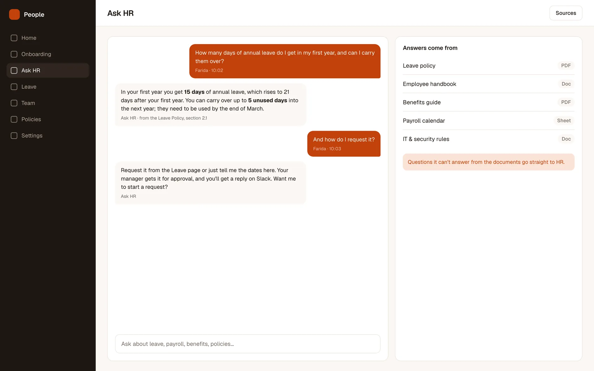 People Hub ask hr screen: Answers from the company's own policies, with the source shown under each one.