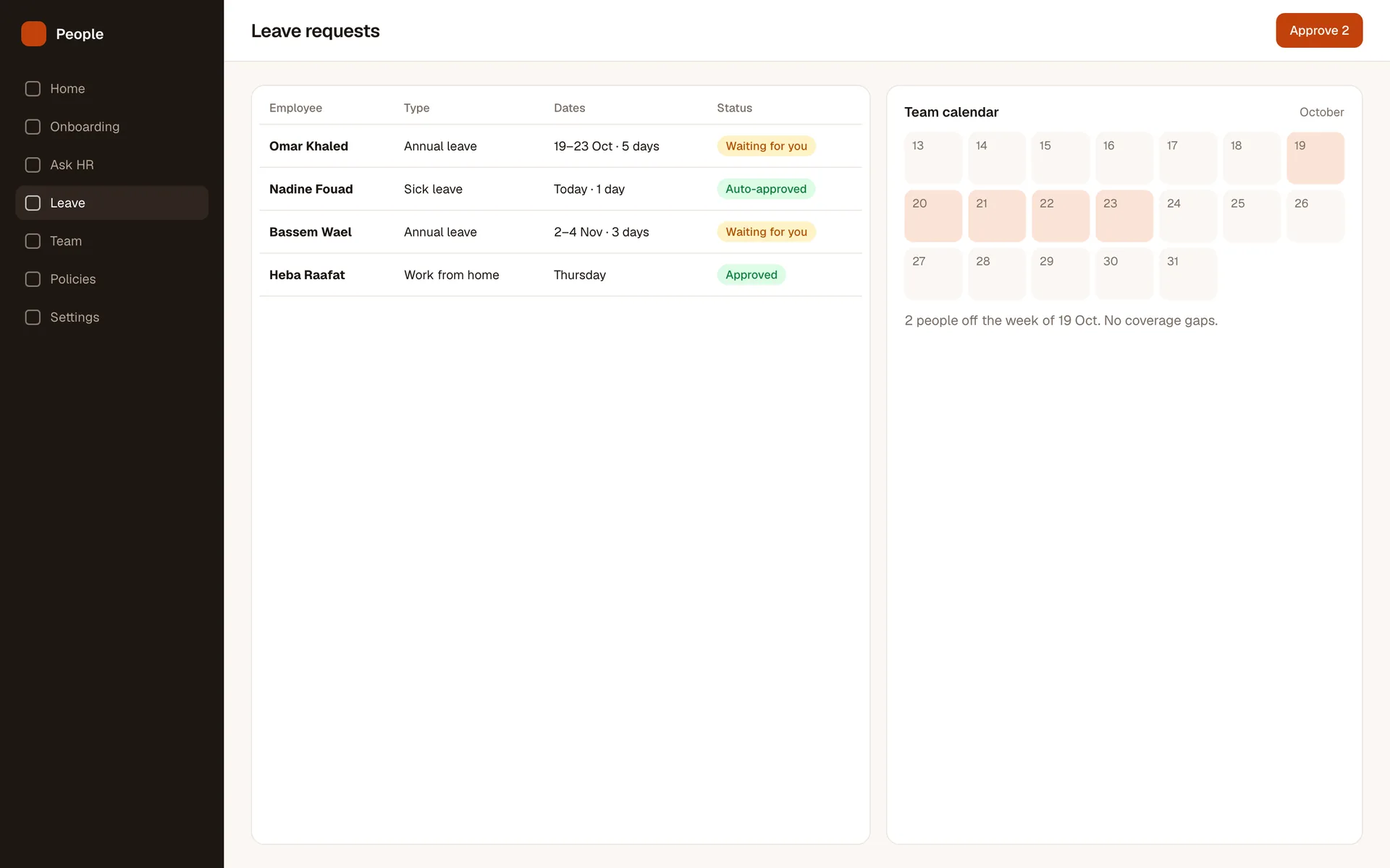 People Hub leave requests screen: Requests, approvals and the team calendar side by side.