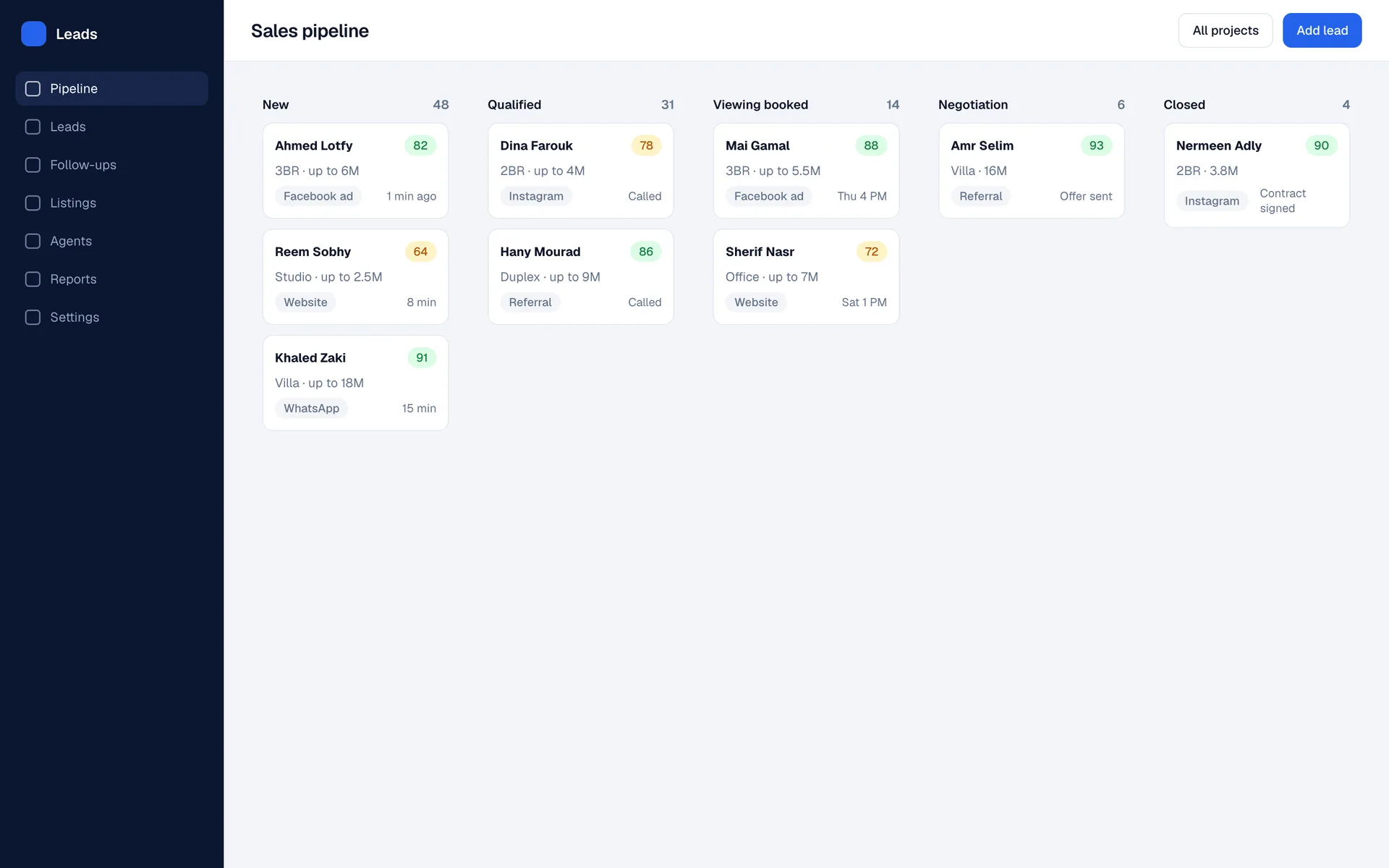 Real Estate Lead Engine pipeline screen: Every lead answered in seconds, qualified, scored and followed up until they book a viewing.