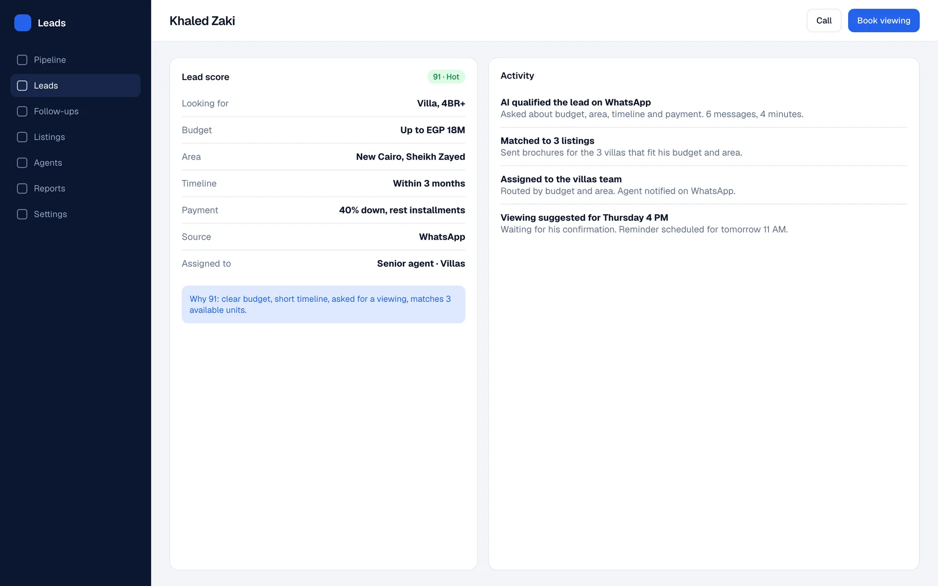Real Estate Lead Engine lead profile screen: What the AI learned in the first conversation, the score and why, and every step since.