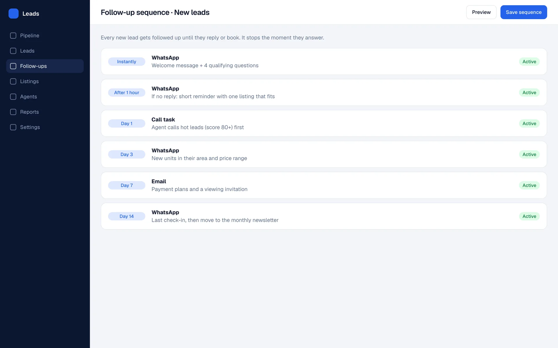 Real Estate Lead Engine follow-up sequence screen: The follow-ups each new lead gets, stopping the moment they reply.