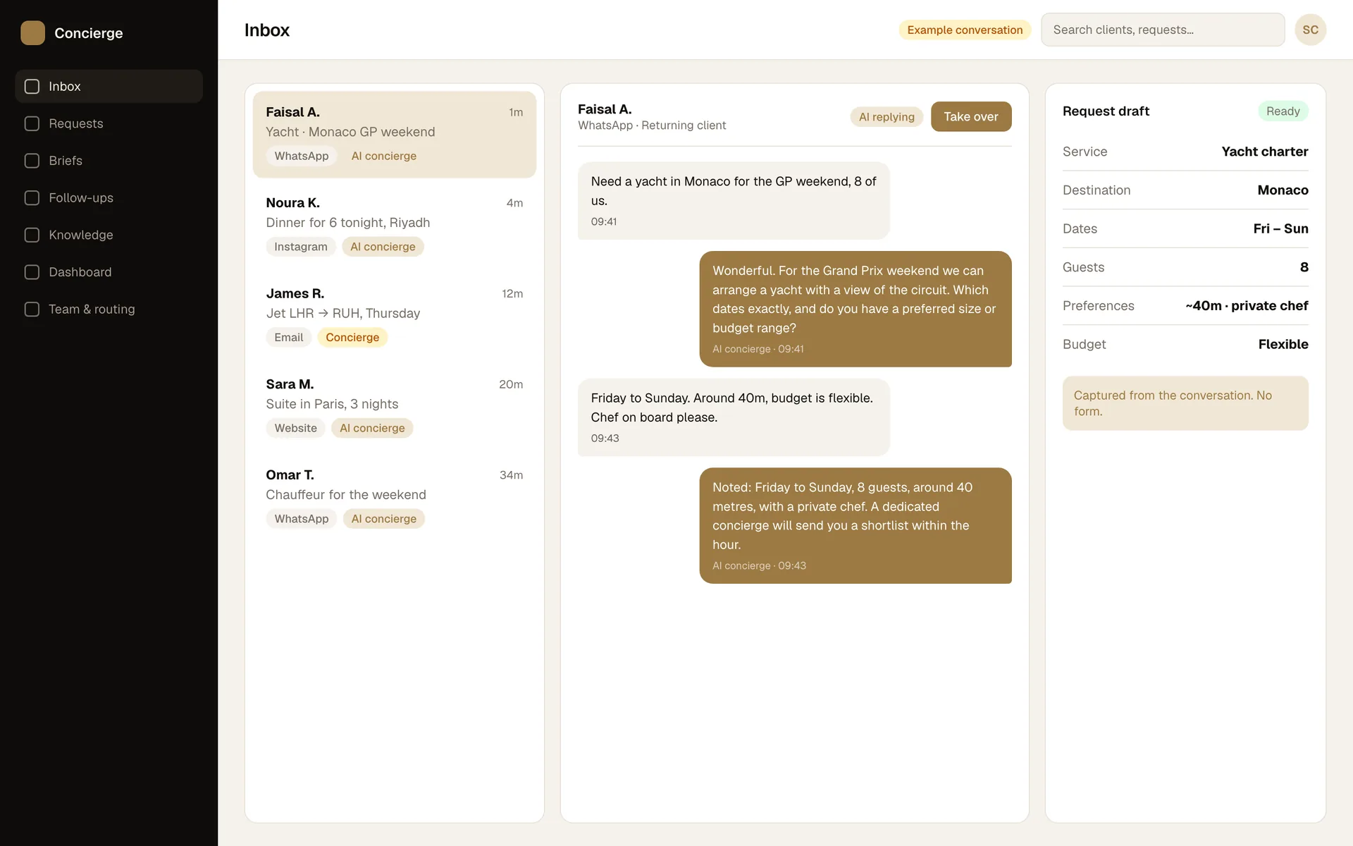 SOLD Concierge unified inbox screen: An AI concierge for a Riyadh luxury concierge: every client answered in seconds, in their language, and every request handed to the team as a complete brief.