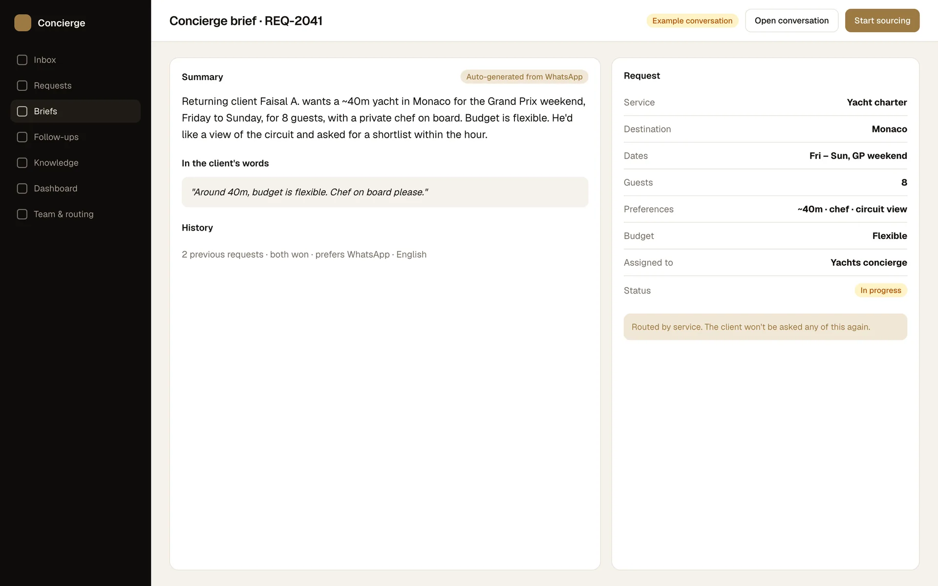 SOLD Concierge concierge brief screen: The conversation turned into a complete brief, routed to the right concierge. The client is never asked twice.
